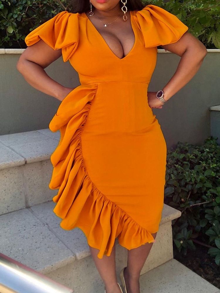 Kvinnors Kort Ärm V-ringad V-ringad Midja-klänning Söt Klänning Bodycon-klänning