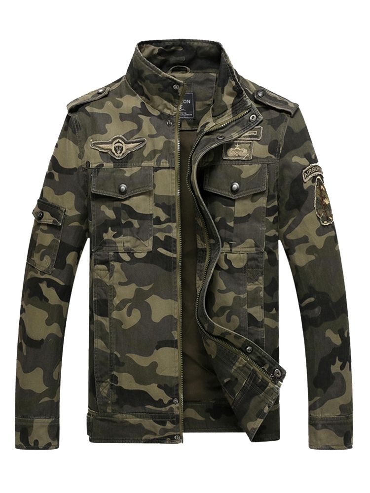 Bomullsblandningar Camouflage Stand Collar Zip Herrjacka