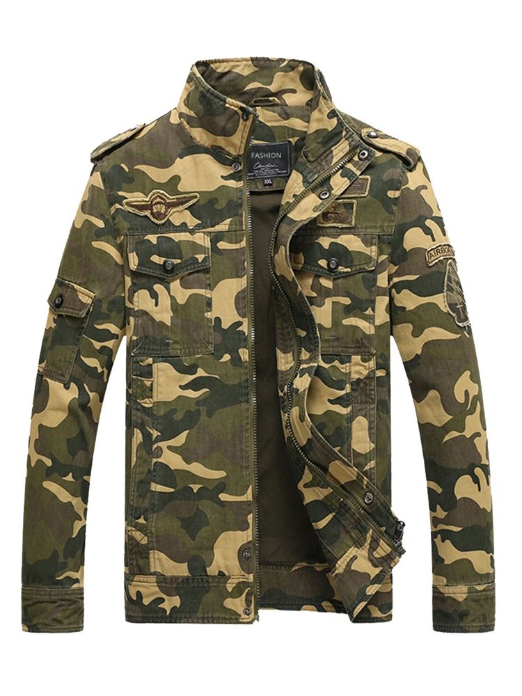 Bomullsblandningar Camouflage Stand Collar Zip Herrjacka