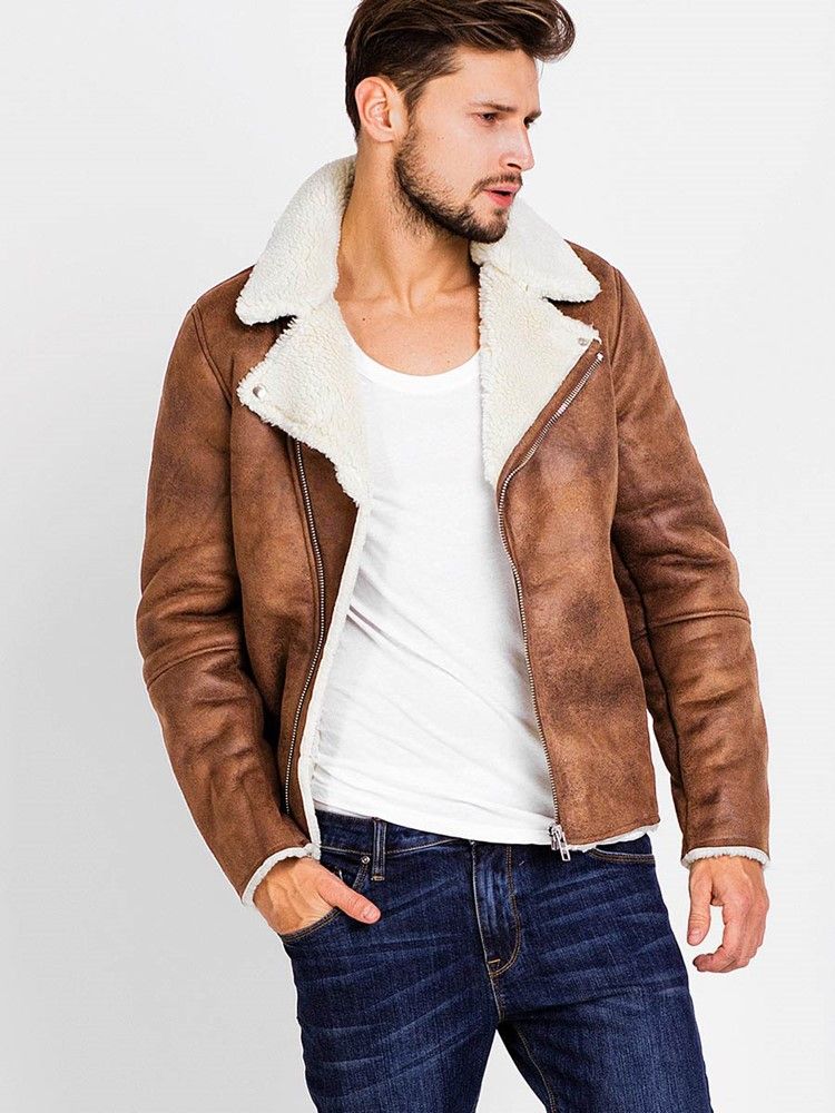 Lapel Pu Zip Faux Shearling Warm Vogue Herrjacka