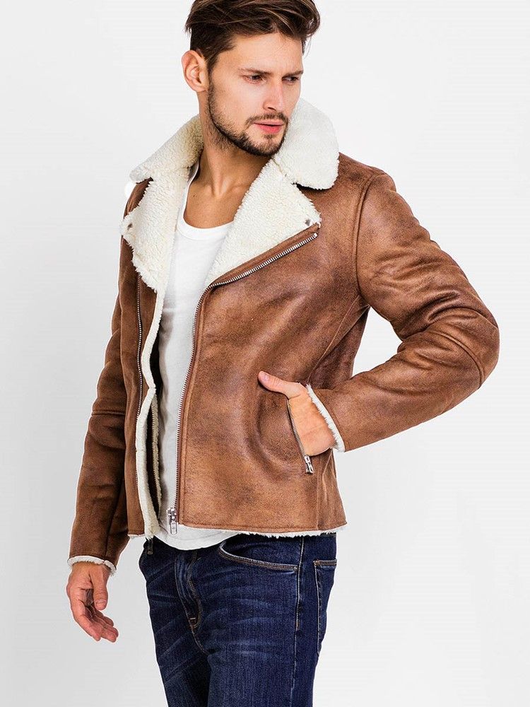 Lapel Pu Zip Faux Shearling Warm Vogue Herrjacka