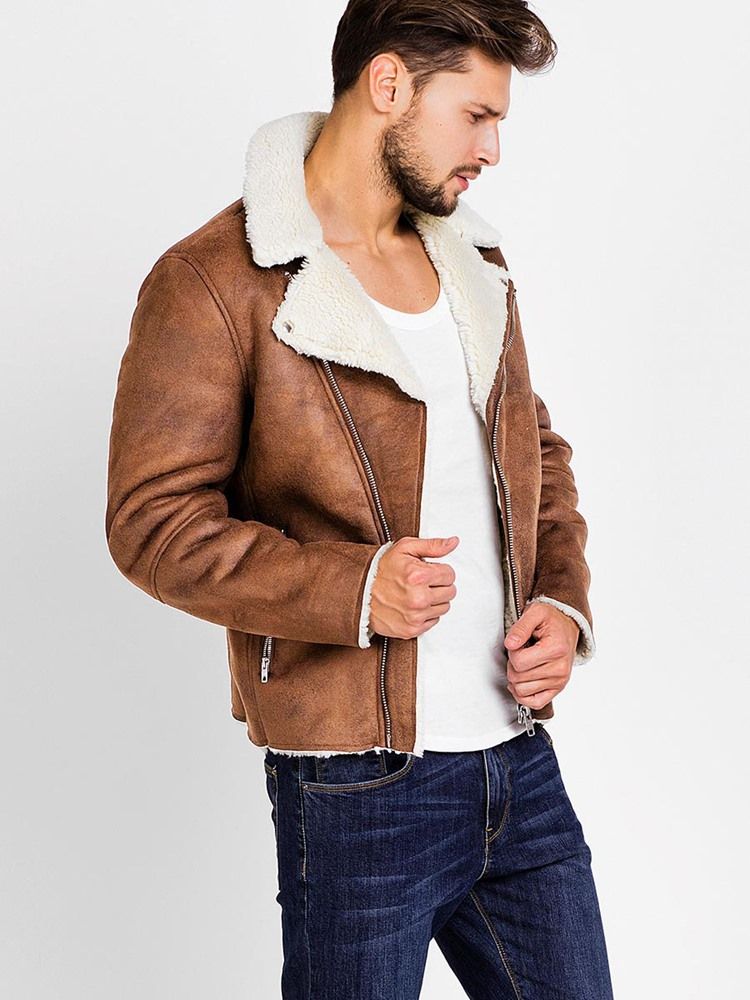 Lapel Pu Zip Faux Shearling Warm Vogue Herrjacka