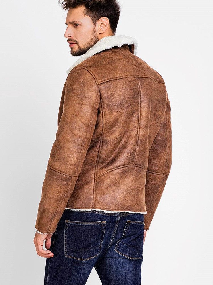 Lapel Pu Zip Faux Shearling Warm Vogue Herrjacka