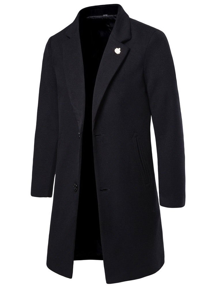 Notched Lapel Mid-length Plain Men's Winter Coat
