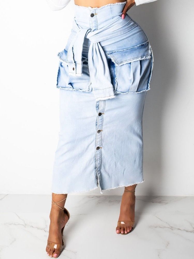 Plain A-line Denim Button Kjol För Kvinnor