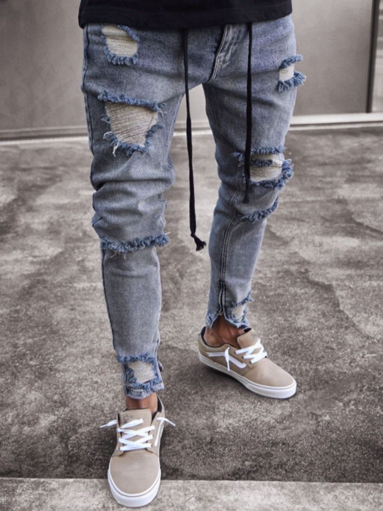 Hole Pencil Pants Plain Mid Waist Men's Slim Casual Jeans