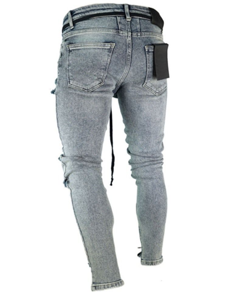 Hole Pencil Pants Plain Mid Waist Men's Slim Casual Jeans
