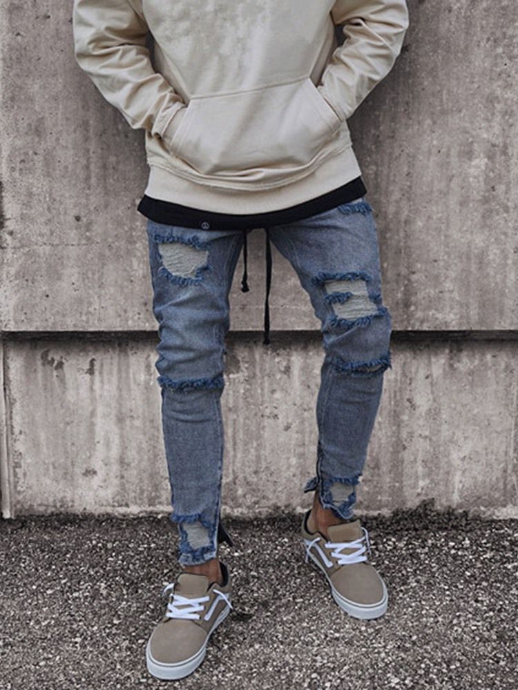 Hole Pencil Pants Plain Mid Waist Men's Slim Casual Jeans