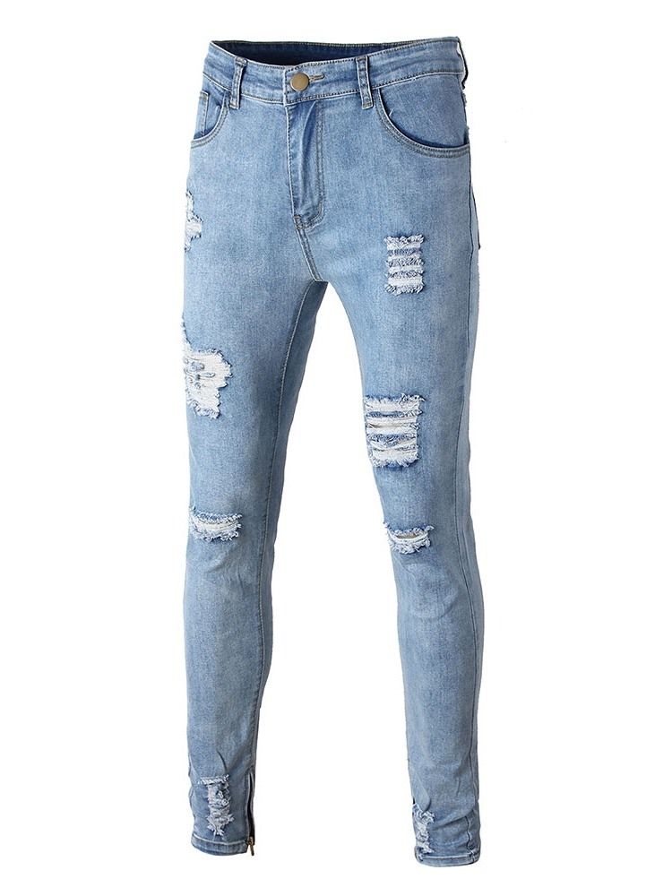 Hole Pencil Pants Plain Mid Waist Men's Slim Casual Jeans