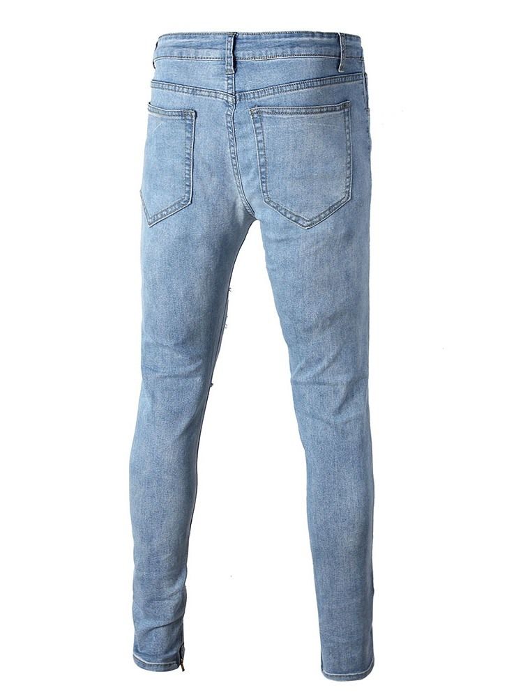 Hole Pencil Pants Plain Mid Waist Men's Slim Casual Jeans