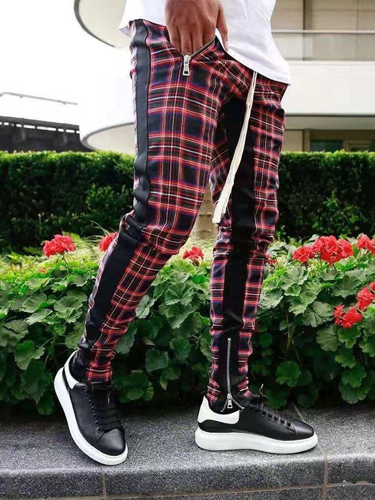 Pencil Zipper Plaid Lace-up Herrbyxor