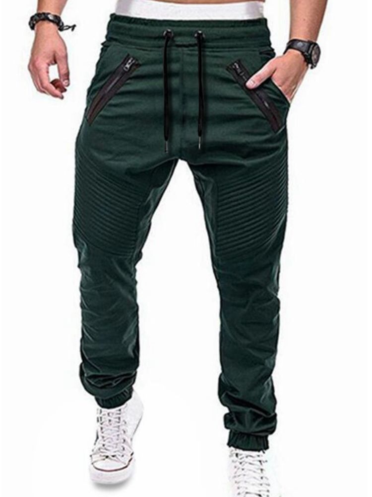 Plain Straight Thin Lace Up Mens Casual Olive Pants